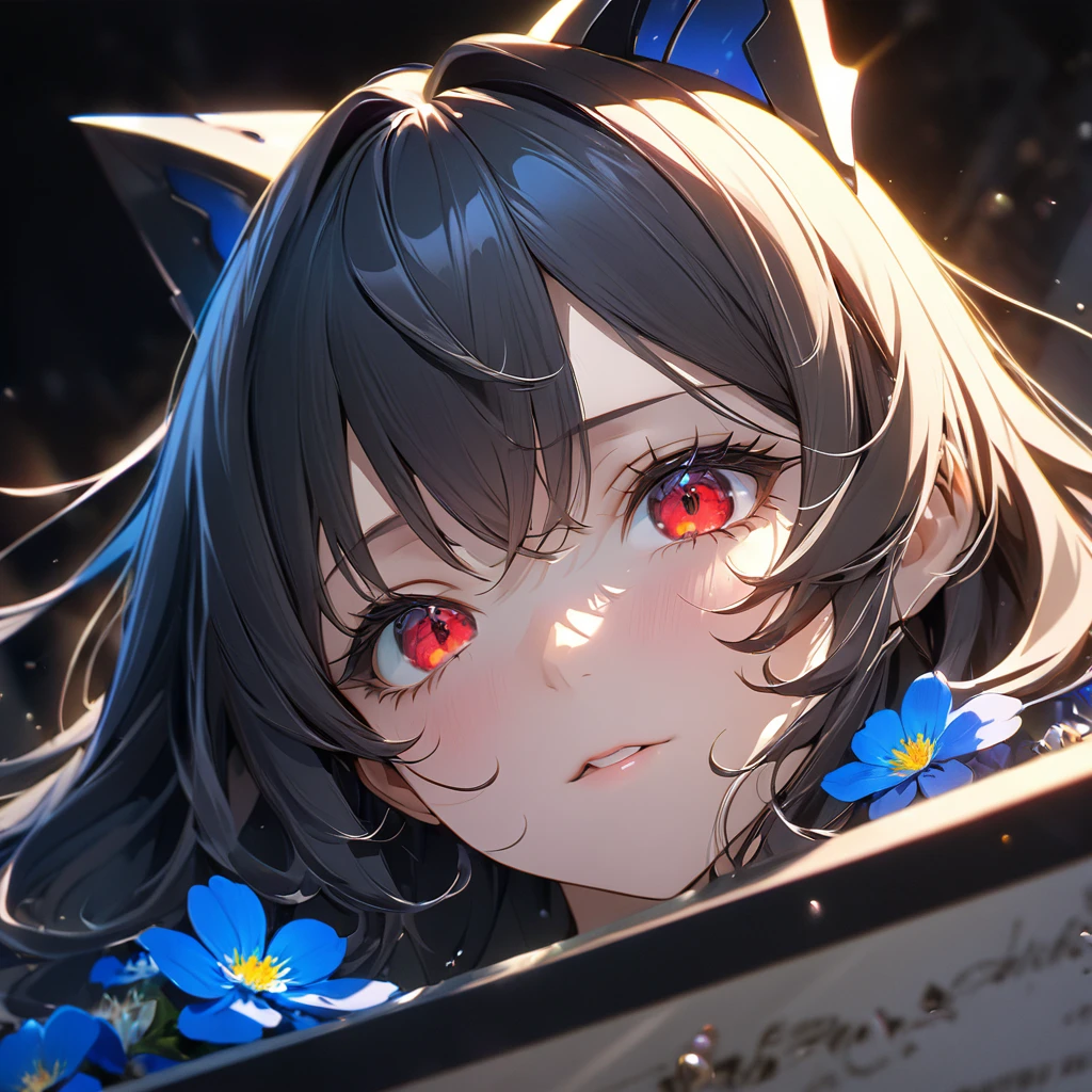 最high quality, wonderful_delicate, wonderful delicate eyes, Super detailed, beautiful, 8k , One girl, Red eyes, evil, Facial Contour,(Absurd, High resolution, Super detailed), masterpiece, The perfect solution, wonderfulディテール, Super Detailed, Cinema Lighting, Ray Tracing, Depth of written boundary, Cinema Lighting, Ray Tracing, 超High resolution, Attention to detail, 最high quality, High resolution, high quality, Awards, Super Detail, masterpiece, 8k, 超High resolution, Attention to detail, 最high quality, High resolution, high quality, Awards, Super Detail, masterpiece, 8k, Digital Art, Anime Coloring,Ocean、深Ocean、darkness、blue flower