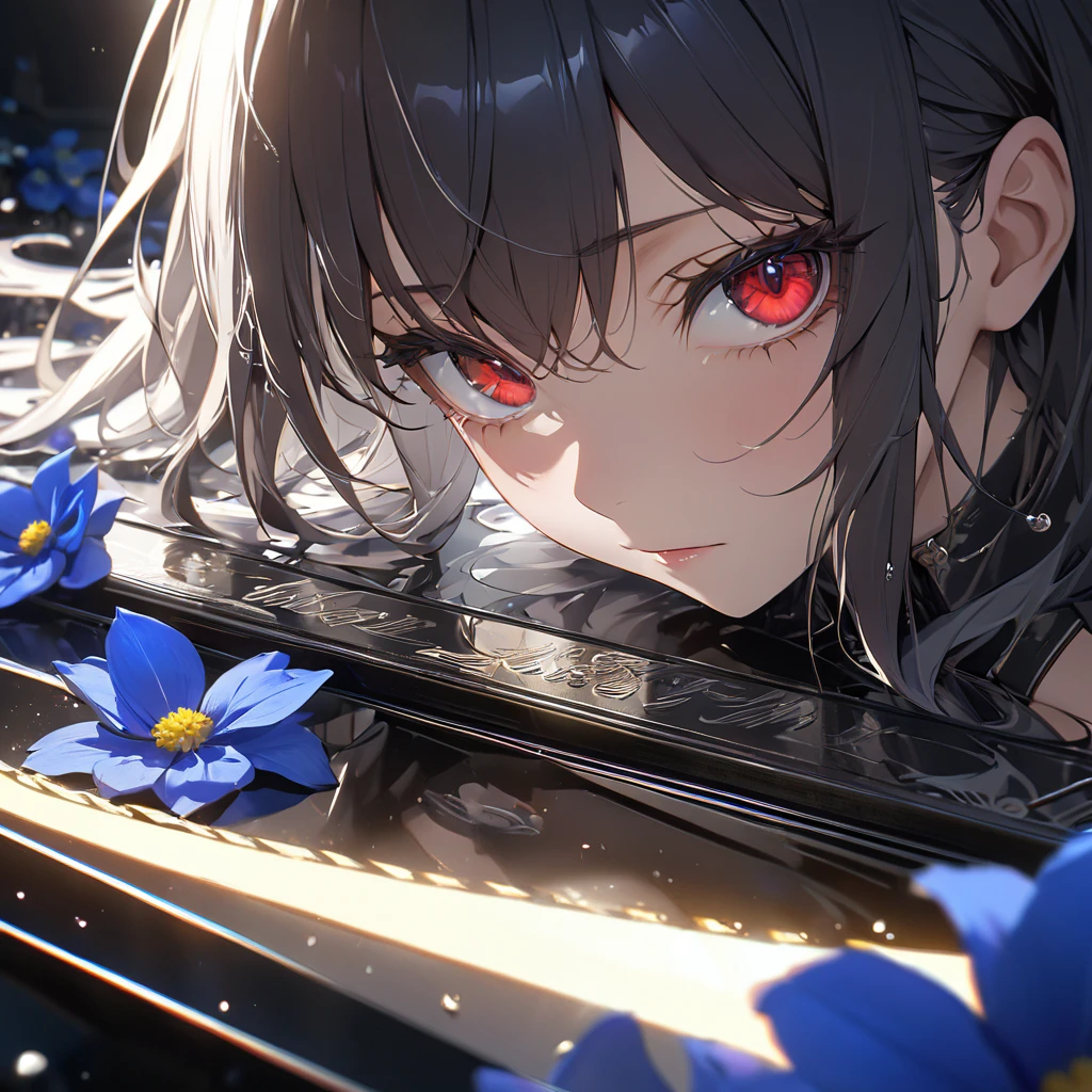 最high quality, wonderful_delicate, wonderful delicate eyes, Super detailed, beautiful, 8k , One girl, Red eyes, evil, Facial Contour,(Absurd, High resolution, Super detailed), masterpiece, The perfect solution, wonderfulディテール, Super Detailed, Cinema Lighting, Ray Tracing, Depth of written boundary, Cinema Lighting, Ray Tracing, 超High resolution, Attention to detail, 最high quality, High resolution, high quality, Awards, Super Detail, masterpiece, 8k, 超High resolution, Attention to detail, 最high quality, High resolution, high quality, Awards, Super Detail, masterpiece, 8k, Digital Art, Anime Coloring,Ocean、深Ocean、darkness、blue flower
