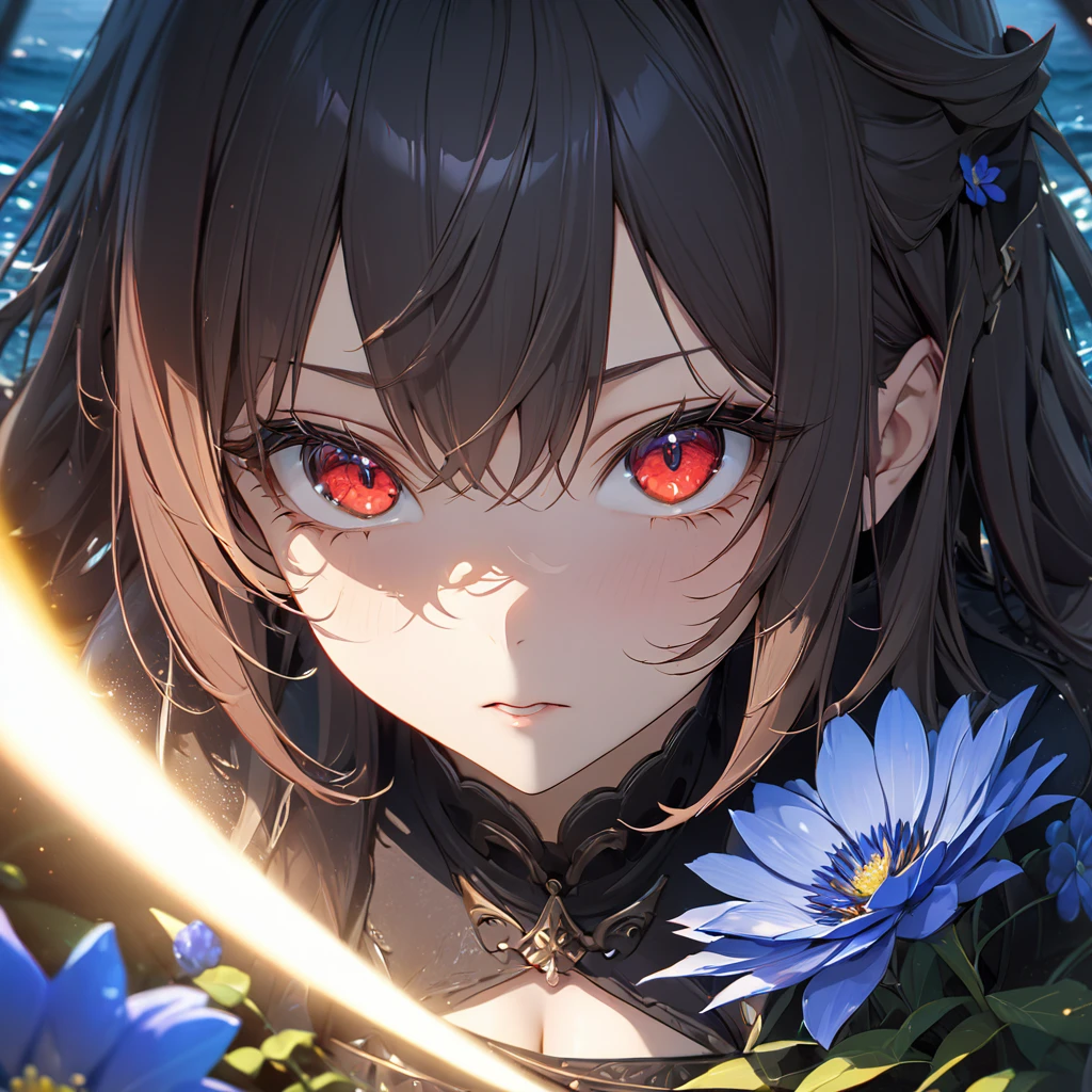 最high quality, wonderful_delicate, wonderful delicate eyes, Super detailed, beautiful, 8k , One girl, Red eyes, evil, Facial Contour,(Absurd, High resolution, Super detailed), masterpiece, The perfect solution, wonderfulディテール, Super Detailed, Cinema Lighting, Ray Tracing, Depth of written boundary, Cinema Lighting, Ray Tracing, 超High resolution, Attention to detail, 最high quality, High resolution, high quality, Awards, Super Detail, masterpiece, 8k, 超High resolution, Attention to detail, 最high quality, High resolution, high quality, Awards, Super Detail, masterpiece, 8k, Digital Art, Anime Coloring,Ocean、深Ocean、darkness、blue flower