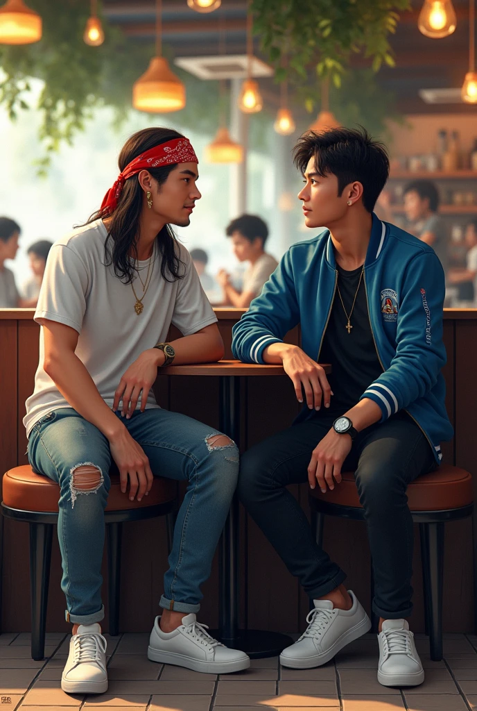 Picture of 2 Indonesian men sitting in a cafe...man 1 with earrings in both ears and long hair wearing a red bandana headband,wearing a white t-shirt,with ripped jeans,wearing white shoes,man 2 wearing a blue bomber jacket and a black t-shirt,wearing black jeans and white shoes, Realistic HD high resolution images and real bright lighting 