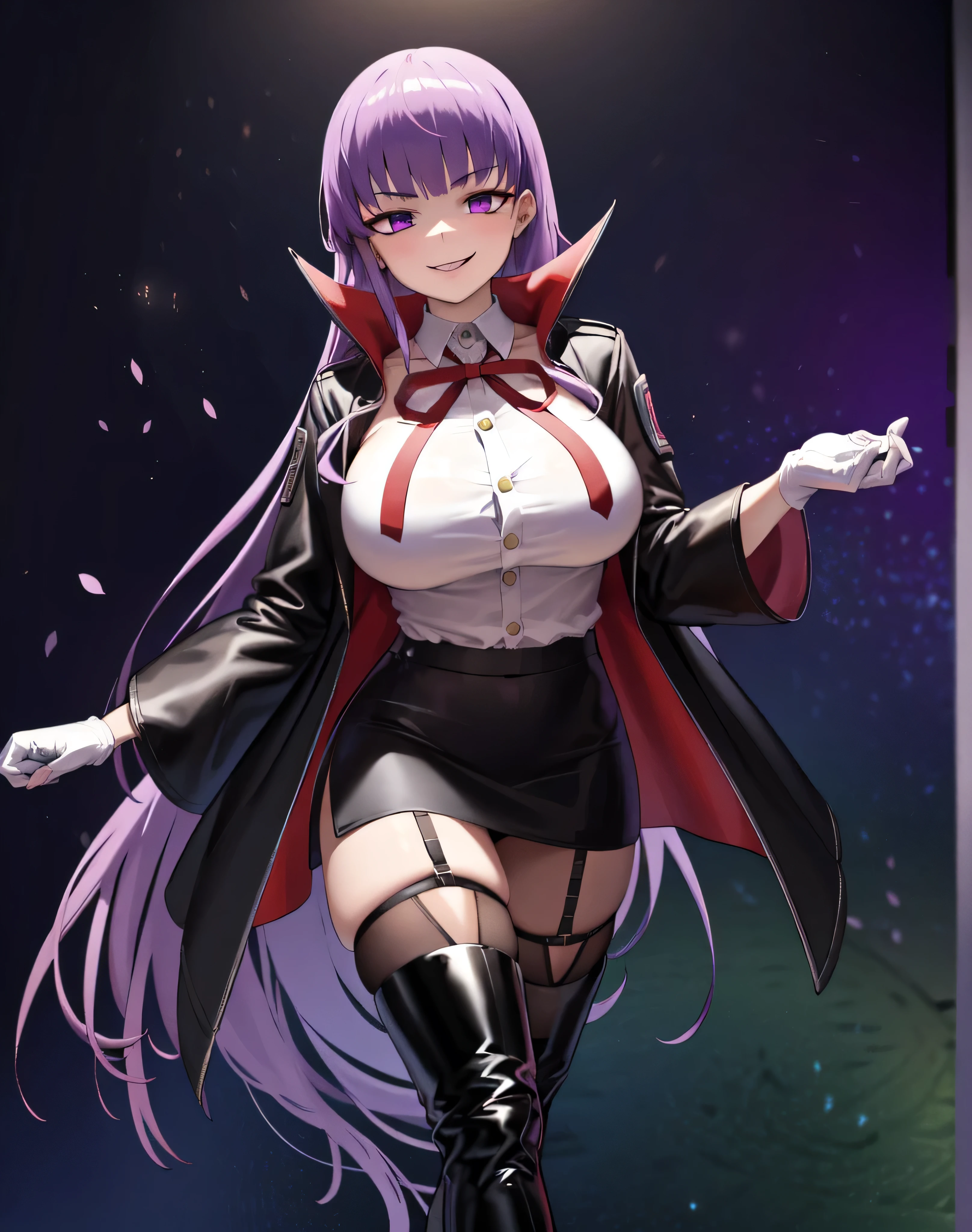  Isoscale, Mid Shot,  night, ,,, Purple Hair, Black jacket, White shirt, Black Skirt, Red ribbon, Big Breasts, Purple eyes, White gloves, Long Hair, Large collar, Wicked Smile,,shiny thigh high boots,(Wicked Smile:1.3),Highly detailed CG Unity 8k wallpaper, Perfect lighting,,Looking down at the viewer,,Anxious smile,Black and purple world background,Dark shadowed face(Eyes in the shadows),solo,Yandere,latex,masterpiece, Highest quality, High resolution, One person,View your viewers,look down,Release black darkness from your hands,Embodiment of evil,two hands,Two legs,five fingers,