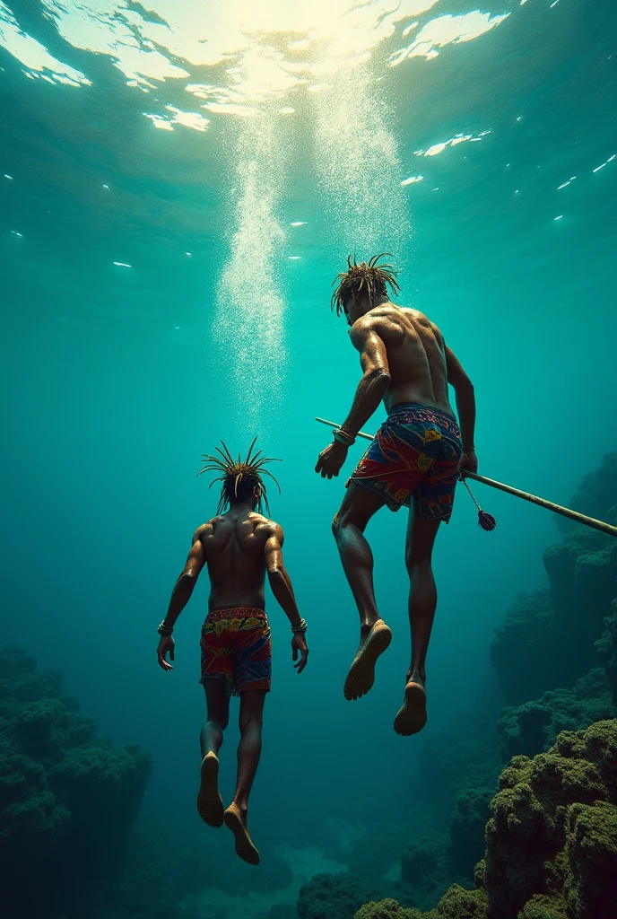 Aboriginal men from Ecuador diving in the sea to collect spondylus shell

