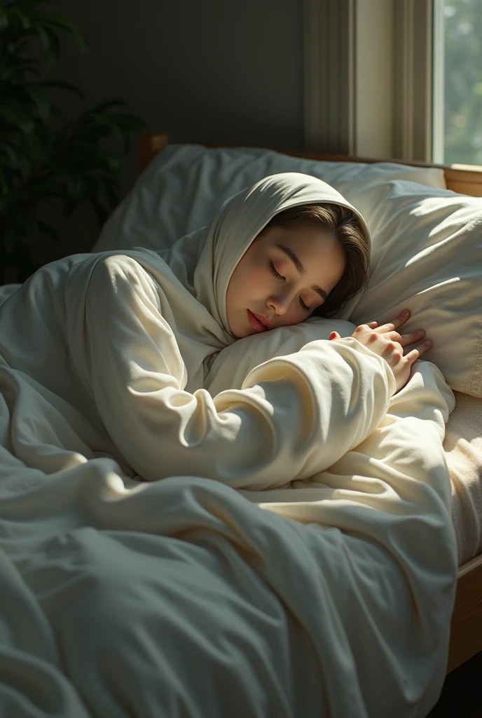 A girl laying on bed wearing Islamic burqa