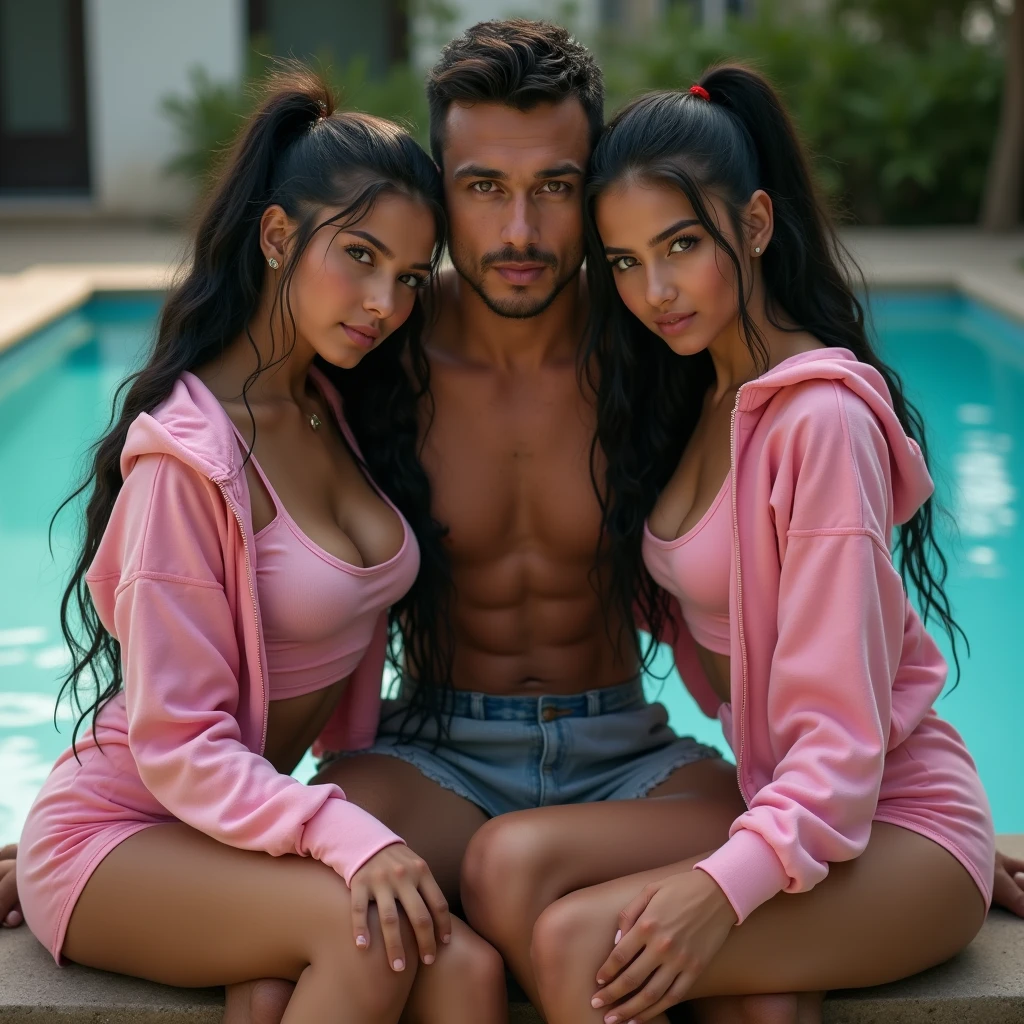 a man with 2 hot brazilian sexy teenager in sexy dynamic pose. raw portrait photography, hyper realistic and detailed face, complex and realistic skin texture, hot body, athletic body, smiling, long black hair tied up, dressed with pink hoodie, sit on a bench at a swimming pool, bauchfrei, big breast 