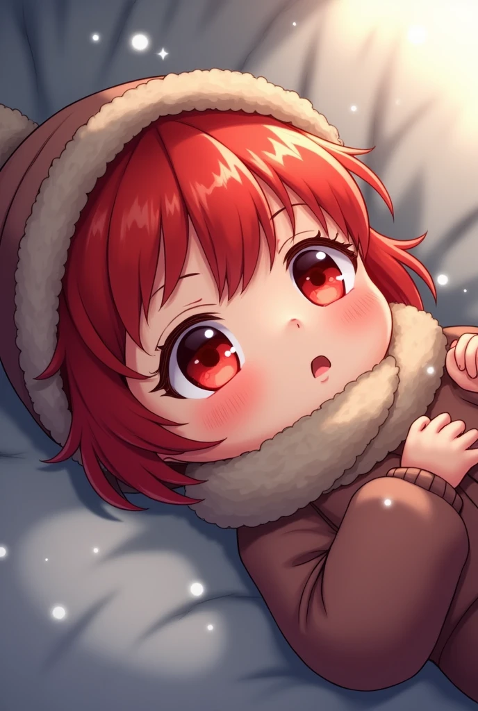 red hair, red eyes, anime, baby, winter clothes, looking right, surprised black, sleeping on back