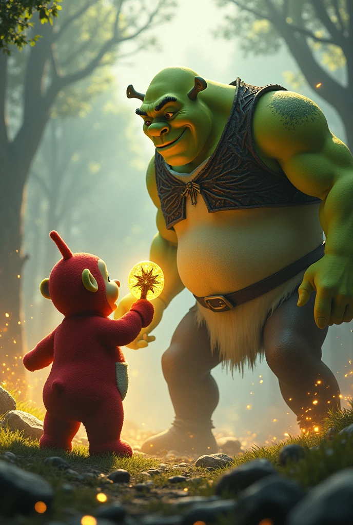 Epic image of a Teletubbie fighting the ogre Shruek.