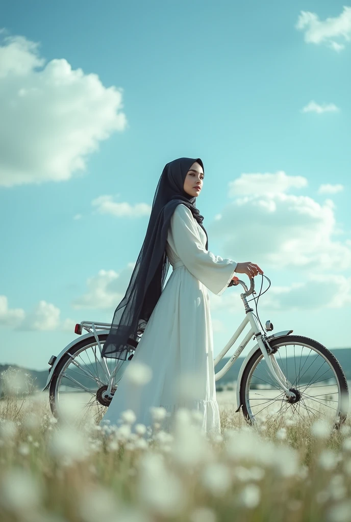 cinematography of a beautiful woman with long hijab flowing wearing a white long dress, standing next to an old white bicycle, above a field of white weeds, blue sky and white clouds in the background, taking pictures from bottom to top of the original photo using a DSLR cannon camera producing UHD quality