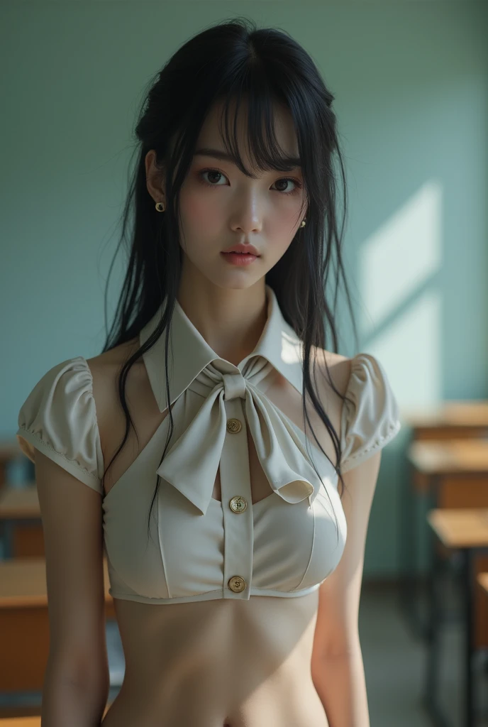 (Highest quality:1.4),(masterpiece:1.4),(Realistic:1.4),(Realistic:1.2),(超High resolution, RAW Photos:1.4),(High resolution, Very detailed:1.2),(8k:1.2),Cinematography,a photo of a dark-haired,One Girl,alone,wear ,bow tie,Are standing,((Japanese Classroom)),、((Upper Body:1.3)),See-through nipples、naked、Penis in pussy、sex.全naked