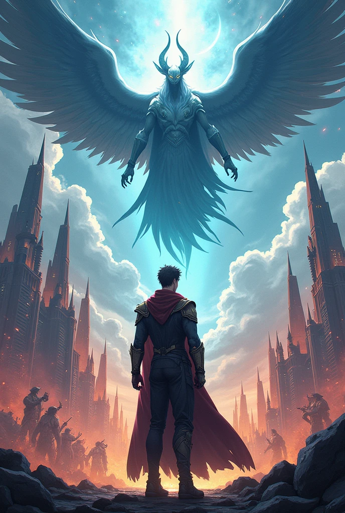 Create a novel cover set in a world where humans are fighting demons., humans with their advanced technology and demons with their magic, but it turns out they were set against each other by a sky angel with the main character named Arka (laki laki) a general of the human race. art anime style