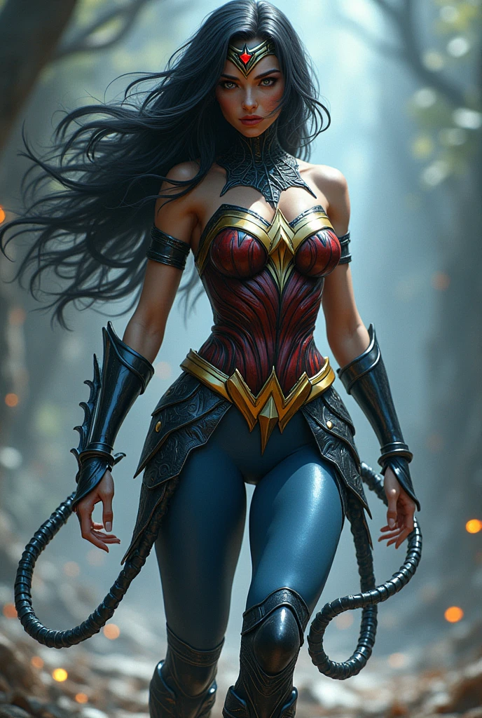(((Simbionte Spiderman))),(((A beautiful woman with long black hair under the mantle of the Amazon warrior Wonder Woman(((Light blue leggings))),(((Black metal headband with a red star on the front))),(((Yellow corset))),(((Long black boots up to her knees))),(((With Symbiote skin running all over his skin))) Black metal bracelets))),(((Simbionte Spiderman))),(((Symbiote Skin))),(((magic around your whole body)))