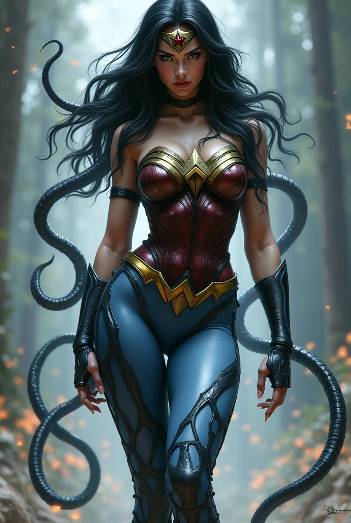 (((Simbionte Spiderman))),(((A beautiful woman with long black hair under the mantle of the Amazon warrior Wonder Woman(((Light blue leggings))),(((Black metal headband with a red star on the front))),(((Yellow corset))),(((Long black boots up to her knees))),(((With Symbiote skin running all over his skin))) Black metal bracelets))),(((Simbionte Spiderman))),(((Symbiote Skin))),(((magic around your whole body)))
