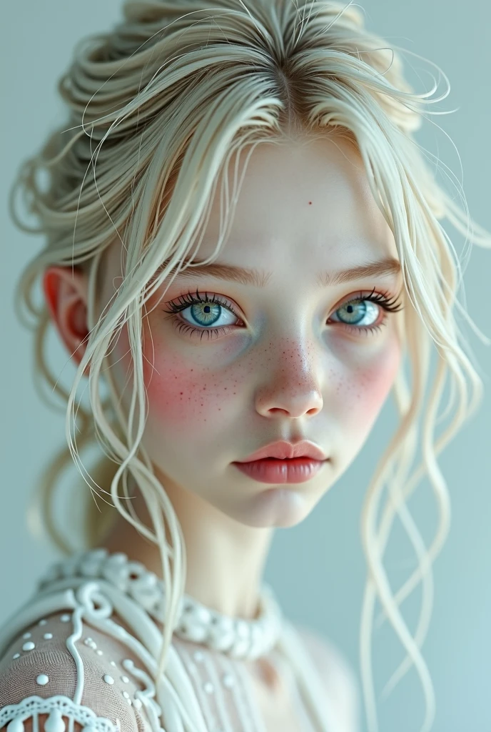 A girl with very pale skin, ice-colored eyes and very light blonde hair as thin as raspberries.