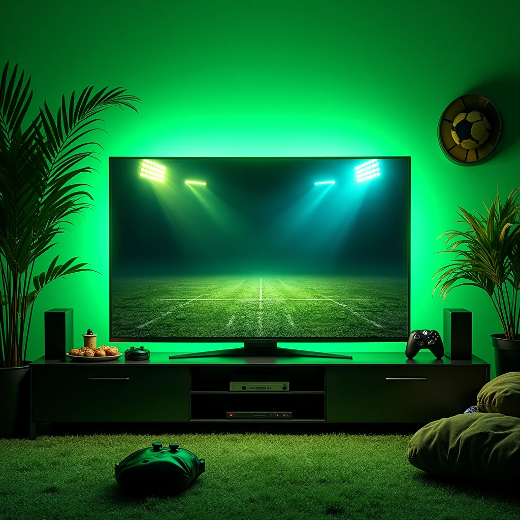 I want an image with a green background, with gamer and football details without characterization, with a TV in the middle without plates and the TV has to be big