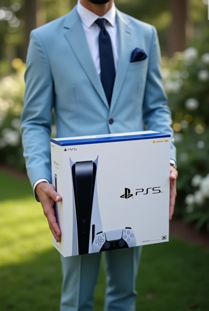 Create a realise image of  boxed PS5, it should be on a hand on groom's. And there must be a ring on the ring finger of the groom. I dont want bride on the image. Groom should wear light blue suit. Image should be on a out door wedding 
