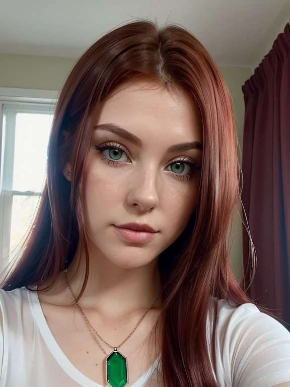 (Please create an image of a young woman named Nora Candy wearing a transparent T-shirt and necklace in tinder style . She has dark red hair, large, green eyes and a subtle, natural make-up look. Her full body selfie should show her without any visible make-up and she should be looking directly at the camera