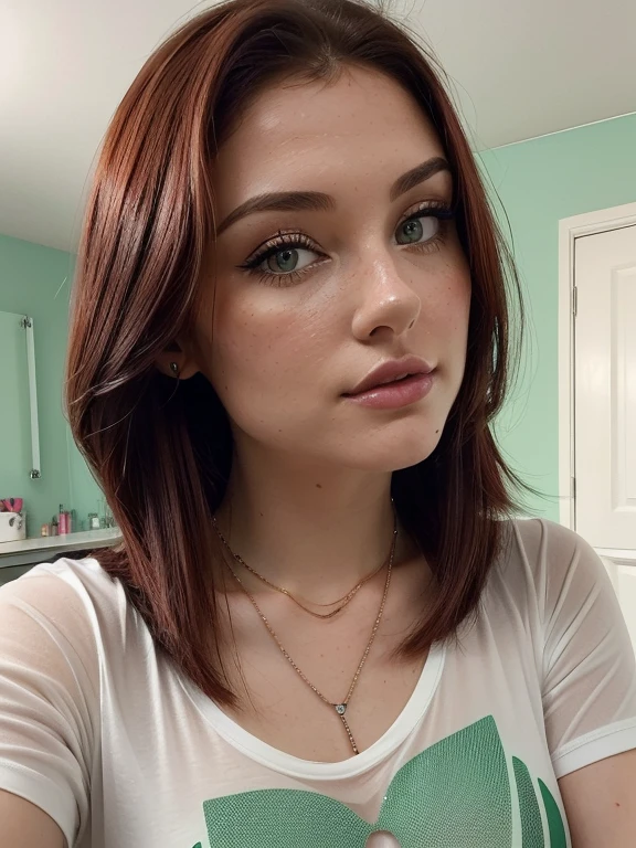 (Please create an image of a young woman named Nora Candy wearing a transparent T-shirt and necklace in tinder style . She has dark red hair, large, green eyes and a subtle, natural make-up look. Her full body selfie should show her without any visible make-up and she should be looking directly at the camera