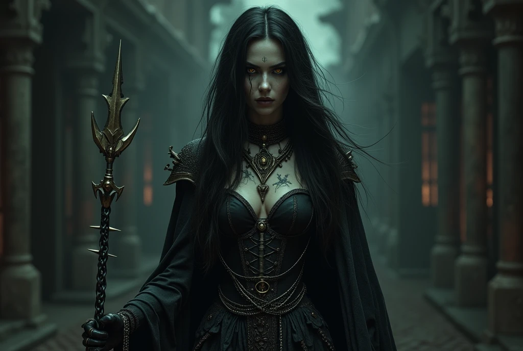 (photoralism:1.2), Very detailed, Ultra-high resolution, High Contrast, masterpiece, realistic, Scary scene, pretty woman, golden eyes, black hair, frightening black dress with detailed armor, holding a chain whip with spikes, witch, ashen skin, evil, commanding, sinister expression, streaks on eyes, Intricate bracer, evil tattoos, photograph
