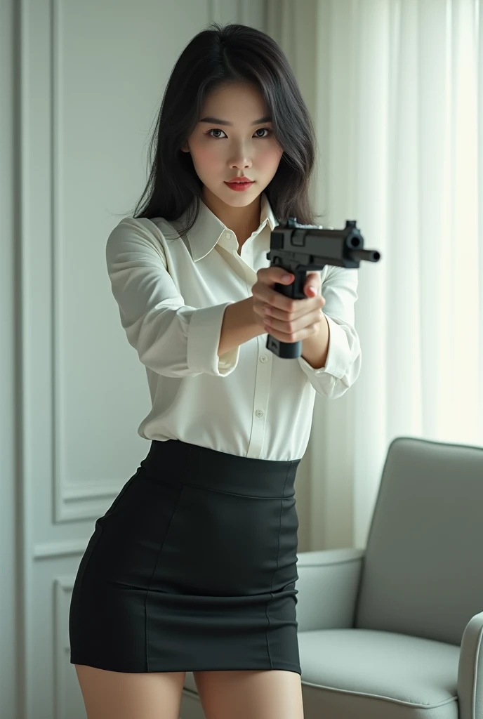 camera back view facing real person eyes open realistic beautiful korean office lady white shirt tight mini skirt satin light green stance legs open spreading arms straighten full portrait holding rifle gun back view facing sexy legs waist level aiming target point at you