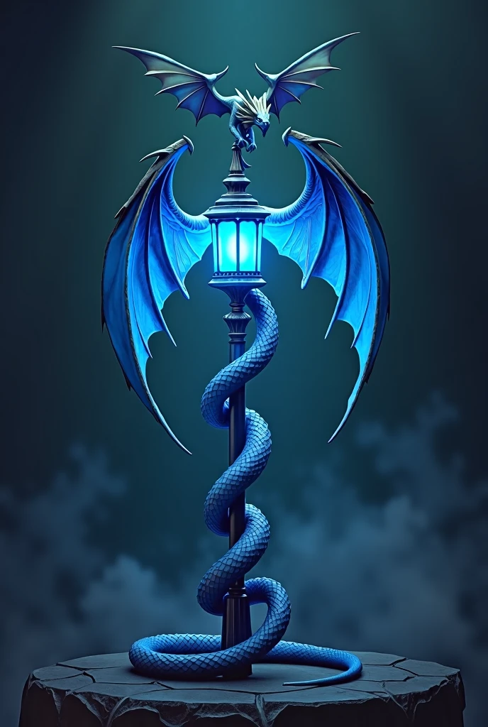 A cane with a lantern that shines blue,a dragon with wings above the black lantern,below coiled around the staff another dragon in the form of a snake undefined,