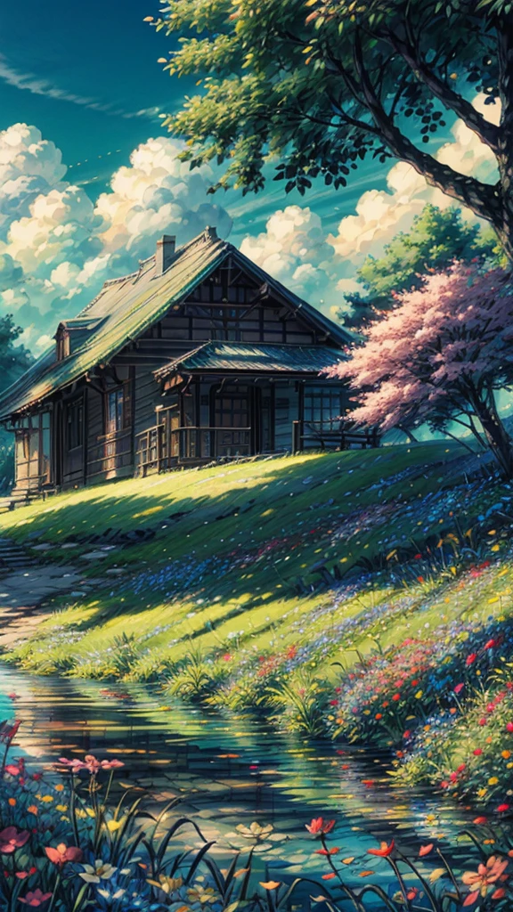 Masterpiece, summer scene, a few small colorful flowers in meadows, paradisiacal view, large fluffy white clouds against a bright blue sky, the weather is hot and vibrant, HD details with wet watermark, ultra-detailed and cinematic, surrealism infused, soft and inviting light casting deep field focus bokeh, ray tracing techniques bringing out the intricacies of each petal, and an overall sense of serene beauty in an ar9:16 aspect ratio.