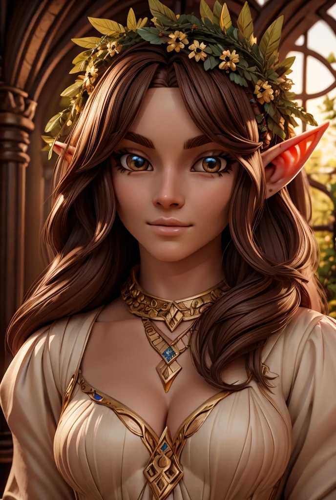 3D character, elf with brown hair, Elf Princess, Wreath in the hair, stylized 3d character, fantasies, Tolkien, Beauty