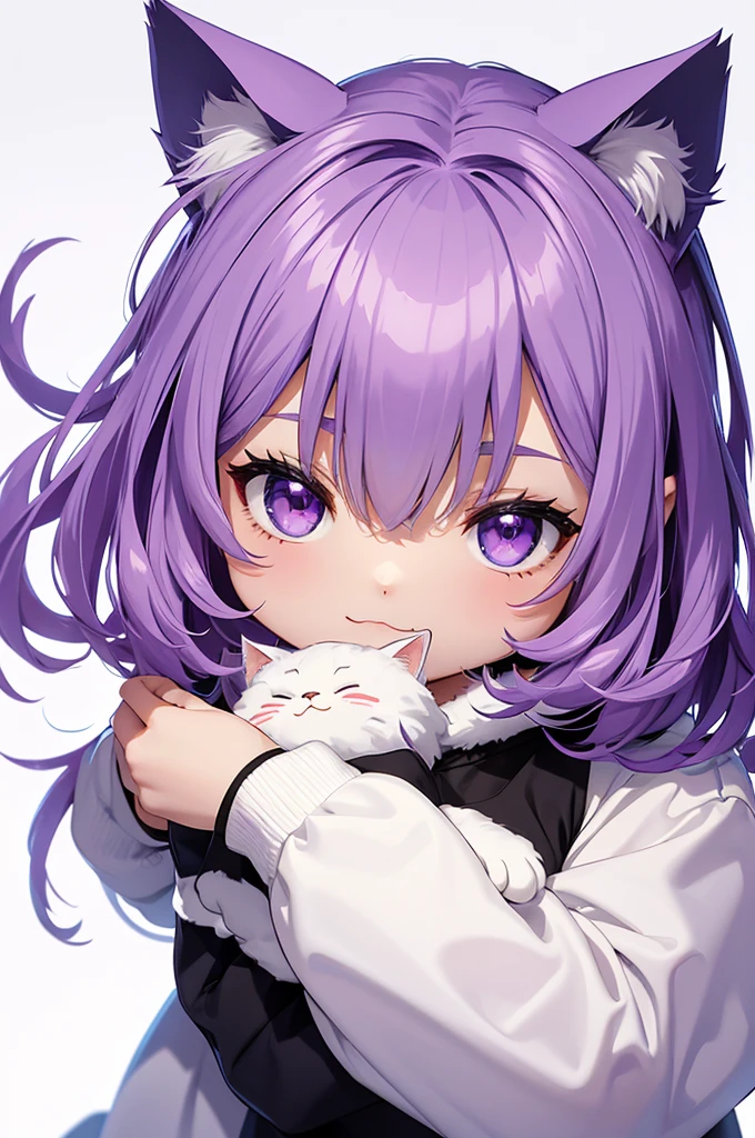 animal, a cat in white background, the cat is cute, chibi and kawai, the cat has white fur, purple eyes