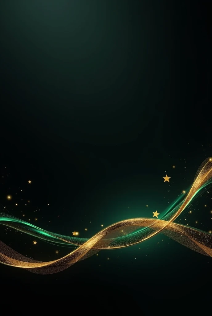 Create a horizontal abstract background to use as a slide at an awards ceremony, that has a black background and a shiny thread at the bottom in green #008D61 and a dark gold star in the middle left