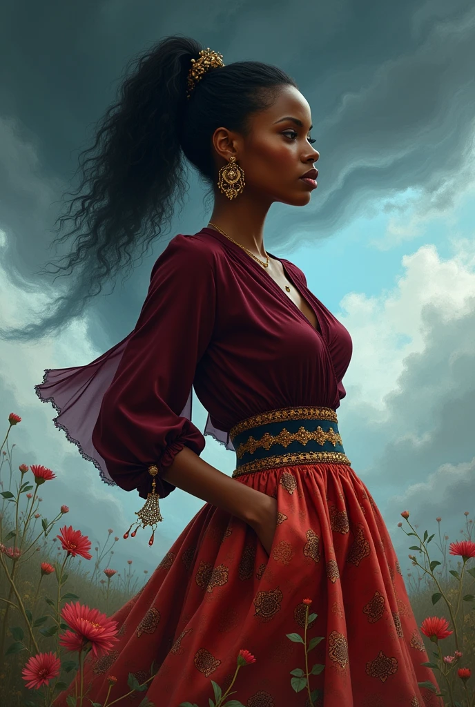 Black skin woman with a 9-color skirt and a burgundy blouse with a ponytail in her hand and a tornado in the background
