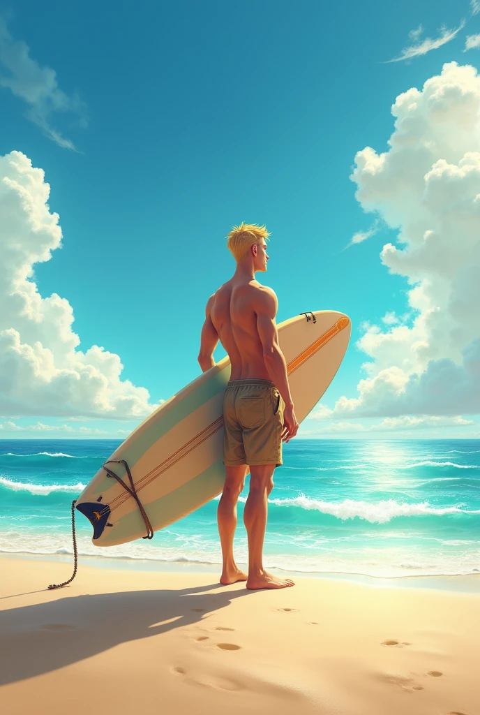 an art that has a beach, sand and a blond man holding a surfboard looking at the horizon 