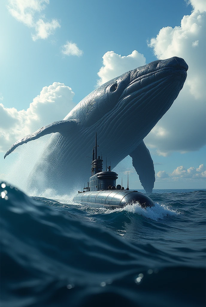 Submarine ship approaching whale in detail
