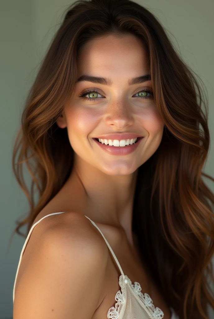 beautiful woman with green eyes long brown hair beautiful white teeth a bright smile beautiful eyebrows a perfect face with a beautiful grain above her beautiful lips measuring 1 metre 60 with a beautiful chest beautiful feet beautiful hands and beautiful nails and hair resplendent  