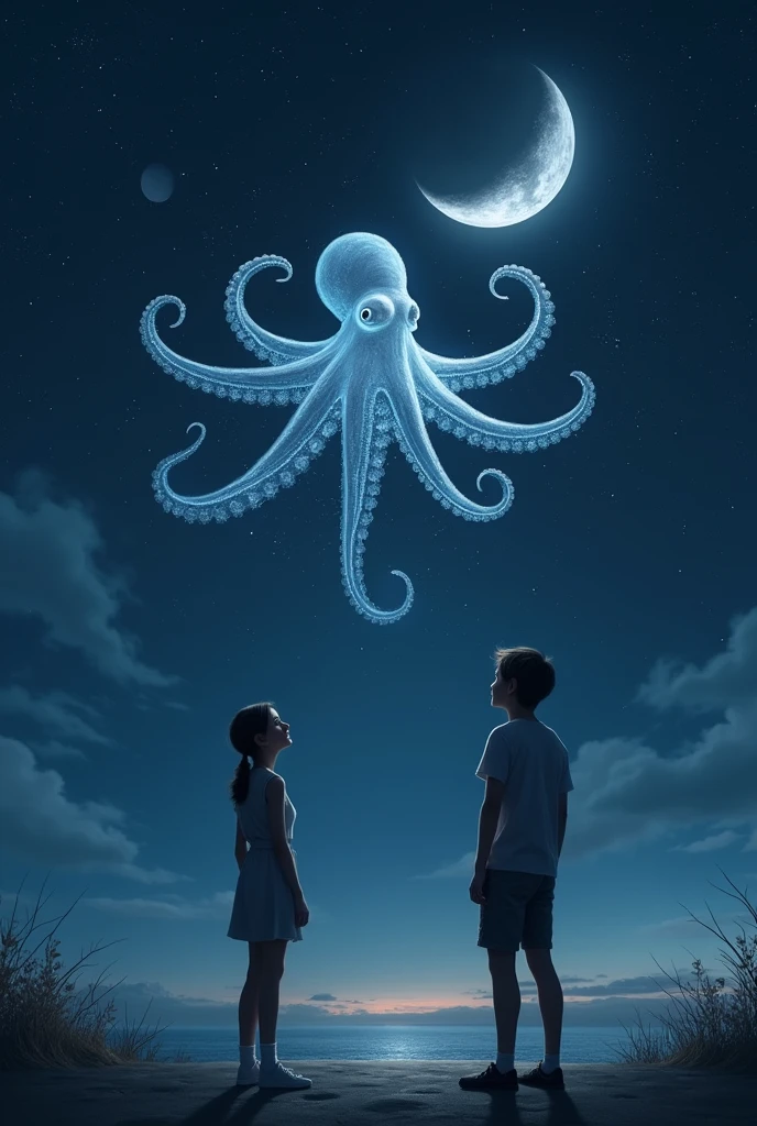 Two people look up at the sky at night and see a transparent octopus next to the crescent 
