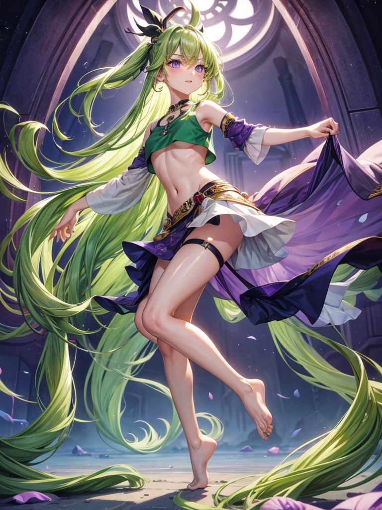 Front view, barefoot, croptop, long green hair, purple eyes