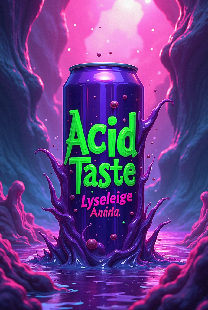 Psychedelic art melting from a purple energy drink can that says Acid Taste, written in green and underneath written in small letters Lysergic Acid Soda written in pink