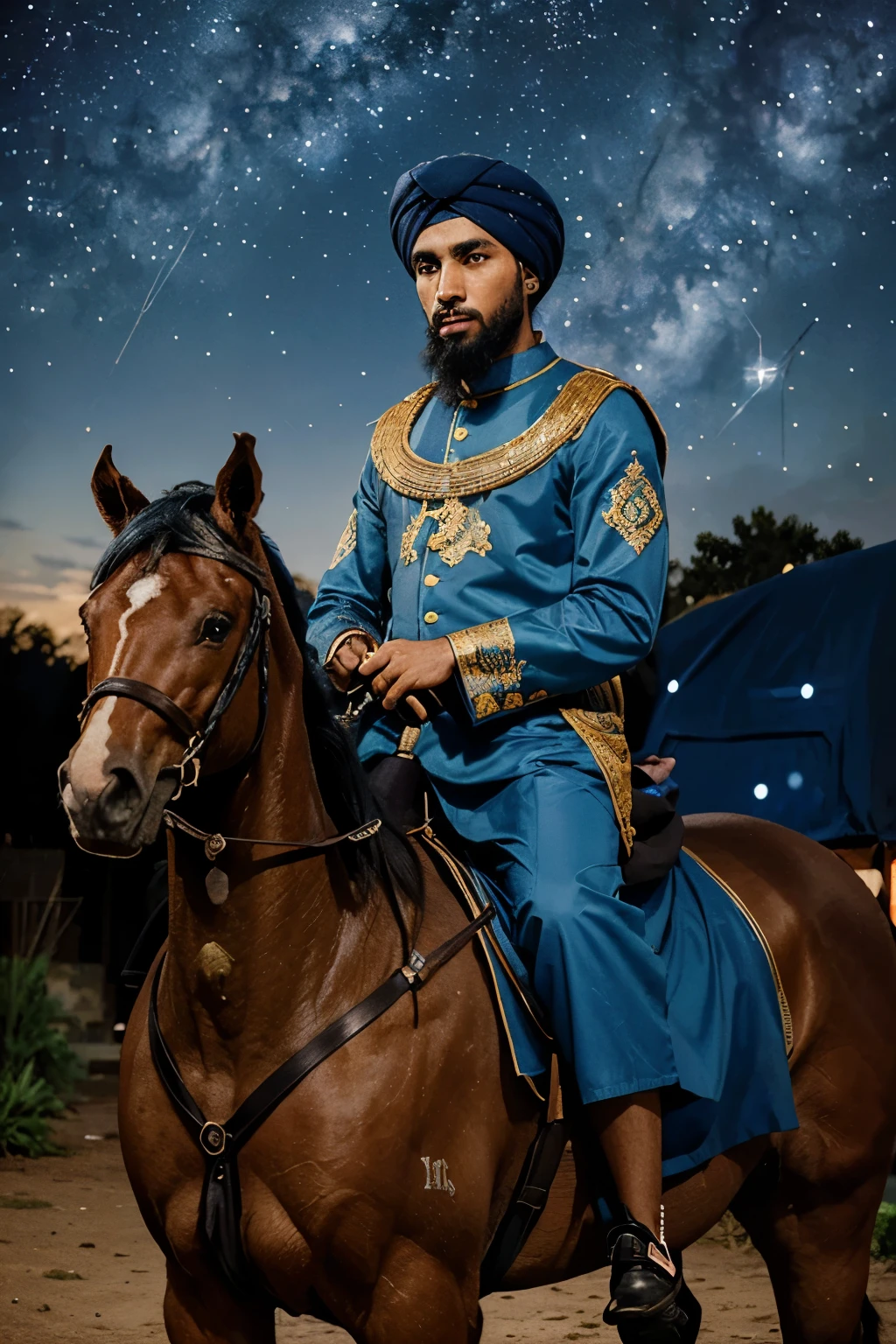 Anime-style illustration of a Muslim man wearing a jalabiya and turban, holding an automatic sniper rifle while riding a blue jewel-adorned horse a Van Gogh-style painting features a starry sky."