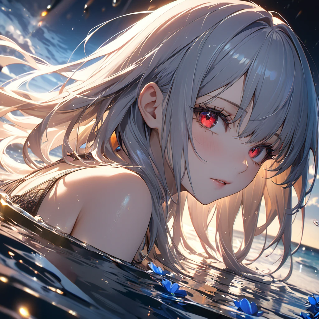 最high quality, wonderful_delicate, wonderful delicate eyes, Super detailed, beautiful, 8k , One girl, Red eyes, evil, Facial Contour,(Absurd, High resolution, Super detailed), masterpiece, The perfect solution, wonderfulディテール, Super Detailed, Ocean、深Ocean、darkness、blue flower、Cinema Lighting, Ray Tracing, Depth of written boundary, Cinema Lighting, Ray Tracing, 超High resolution, Attention to detail, 最high quality, High resolution, high quality, Awards, Super Detail, masterpiece, 8k, 超High resolution, Attention to detail, 最high quality, High resolution, high quality, Awards, Super Detail, masterpiece, 8k, Digital Art, Anime Coloring