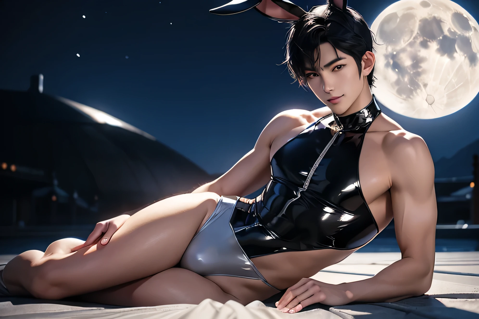 Japanese　　Handsome model　male　　smile　　　Black Hair　　Short cut　Short hair　　　looking at the camera　　　　　Shiny full-body silver leotard　Mega Bulge　　looking at the camera　future world　 　　There is one full moon in the background　　　Face close-up　Bunny ears　