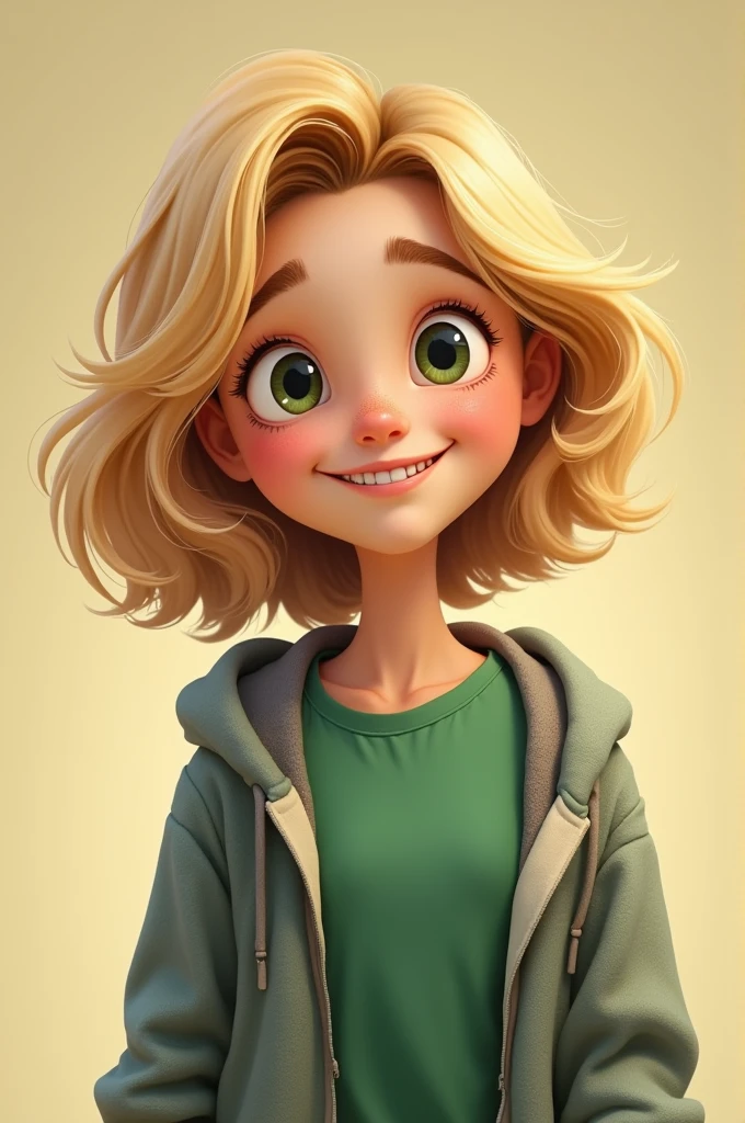 character with dark blonde hair,fair skin, dark green eyes, slightly crooked teeth and a green shirt with a sweatshirt on top.cartoon style