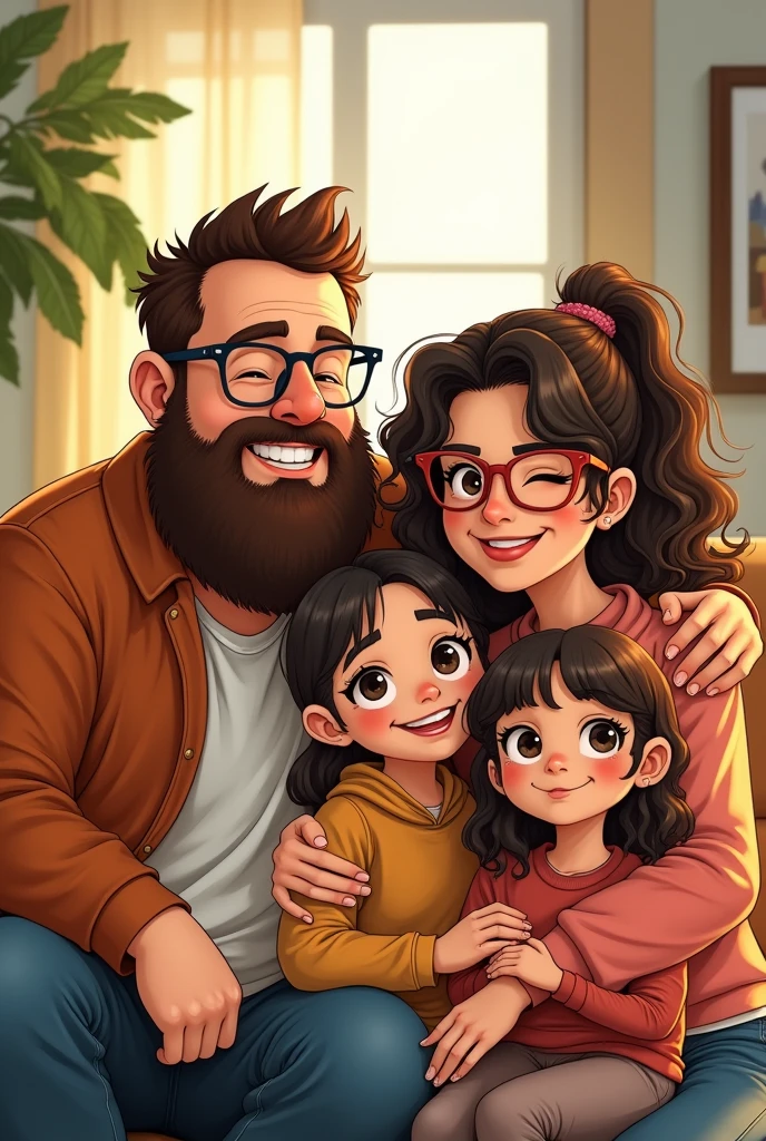 Family of four: a chubby father with a beard, a skinny mother with curly hair wearing glasses, a girl and a girl, manga with stylish clothes