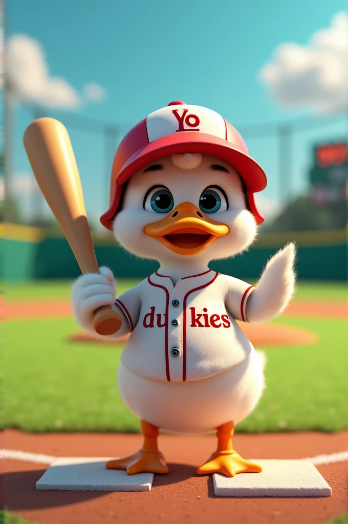 Image dun canard qui fait du baseball avec un terrain en fond. Duckies est marque sous le canard 
