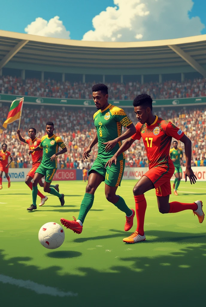 Jeux de football en Afrique sur un terrain plein de joueurs et spectateurs tous joyeux