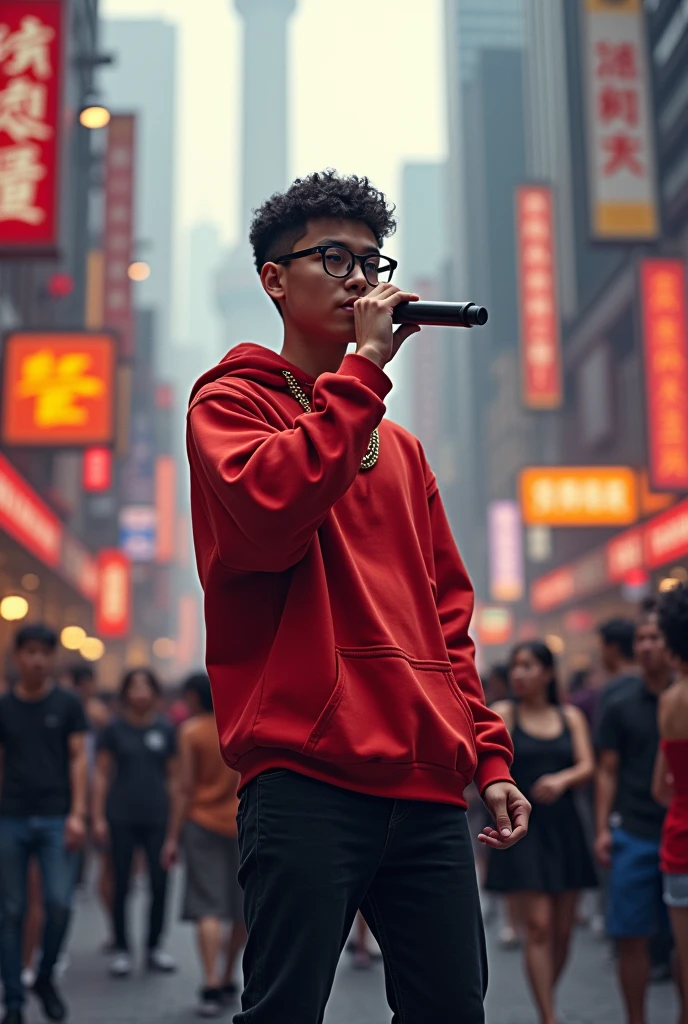 A cute rapper boy stand in Shanghai street wearing casual red shirt and black pant ,black glasses and holding mick in front of crowd ,