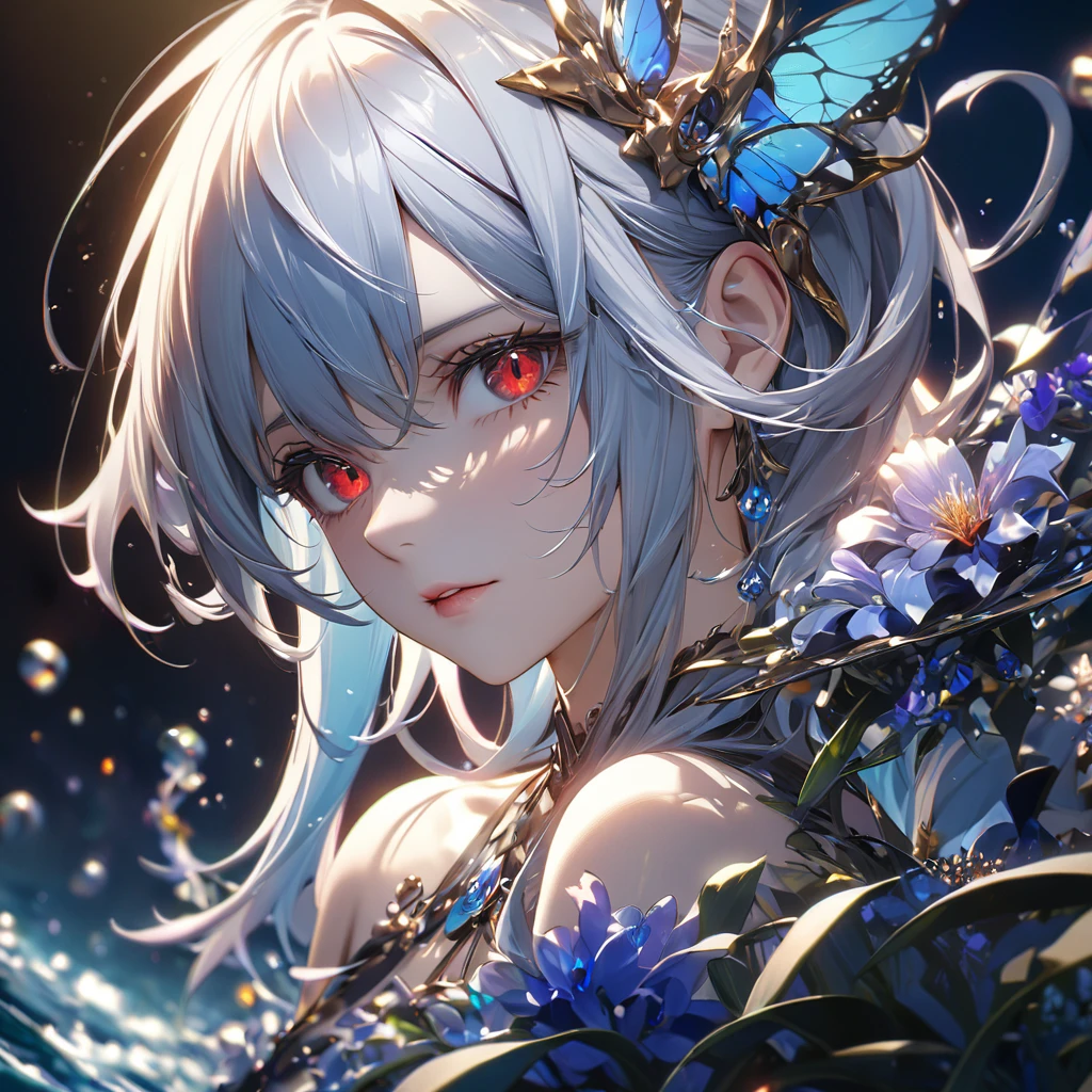 最high quality, wonderful_delicate, wonderful delicate eyes, Super detailed, beautiful, 8k , One girl, Red eyes, evil, Facial Contour,(Absurd, High resolution, Super detailed), masterpiece, The perfect solution, wonderfulディテール, Super Detailed, Ocean、深Ocean、darkness、Blue plants、Cinema Lighting, Ray Tracing, Depth of written boundary, Cinema Lighting, Ray Tracing, 超High resolution, Attention to detail, 最high quality, High resolution, high quality, Awards, Super Detail, masterpiece, 8k, 超High resolution, Attention to detail, 最high quality, High resolution, high quality, Awards, Super Detail, masterpiece, 8k, Digital Art, Anime Coloring