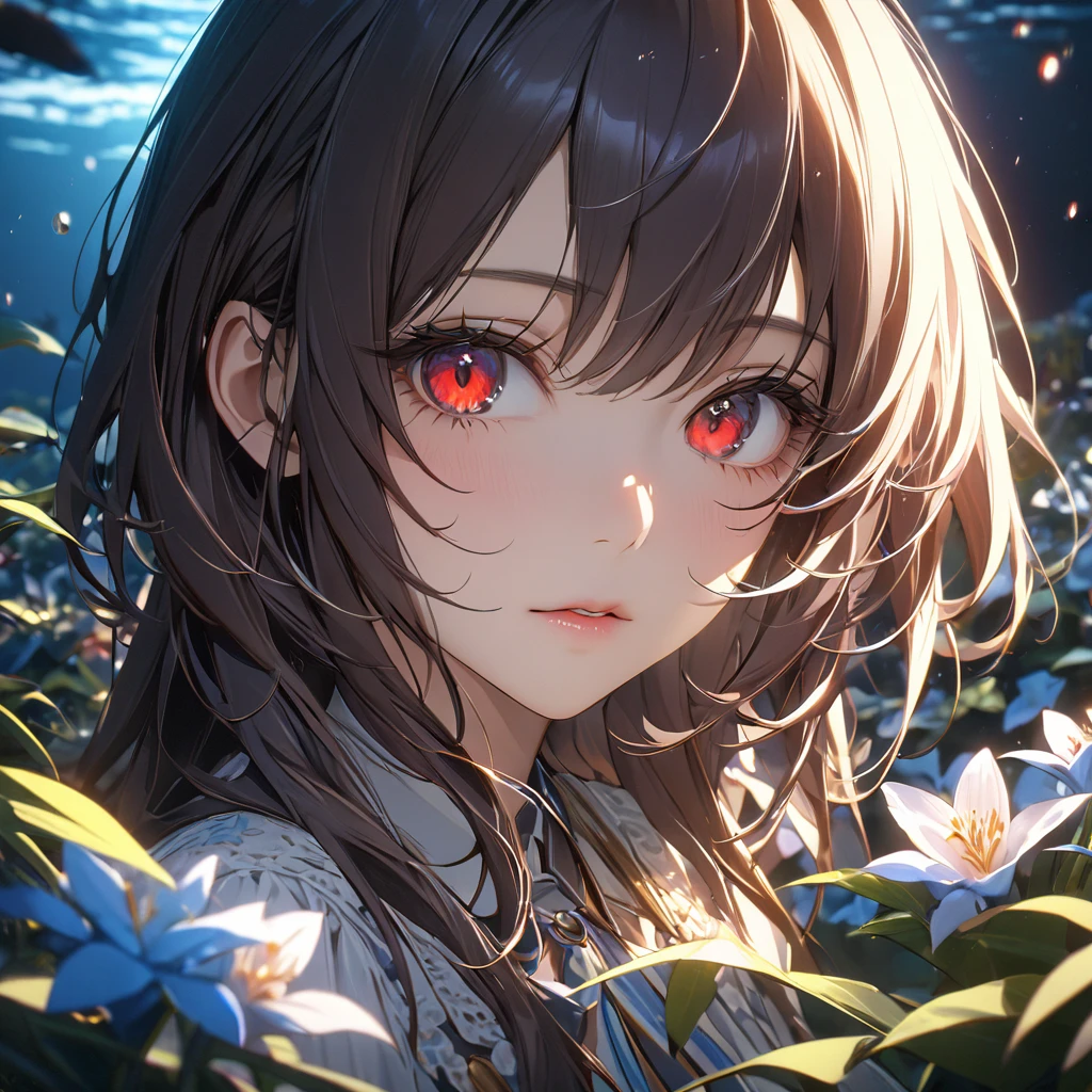 最high quality, wonderful_delicate, wonderful delicate eyes, Super detailed, beautiful, 8k , One girl, Red eyes, evil, Facial Contour,(Absurd, High resolution, Super detailed), masterpiece, The perfect solution, wonderfulディテール, Super Detailed, Ocean、深Ocean、darkness、Blue plants、Cinema Lighting, Ray Tracing, Depth of written boundary, Cinema Lighting, Ray Tracing, 超High resolution, Attention to detail, 最high quality, High resolution, high quality, Awards, Super Detail, masterpiece, 8k, 超High resolution, Attention to detail, 最high quality, High resolution, high quality, Awards, Super Detail, masterpiece, 8k, Digital Art, Anime Coloring