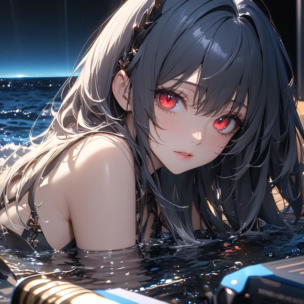 Two girls on the beach、obscenity、Metamorphosis、lesbian、small head、white  hair、Big red eyes、red blush、Desperate look、,Tears、sleeveless black shirt、Navel Ejection、denim、お漏らし、Tentacles are touching the crotch、Tentacles grab the buttocks、１Giant Octopus