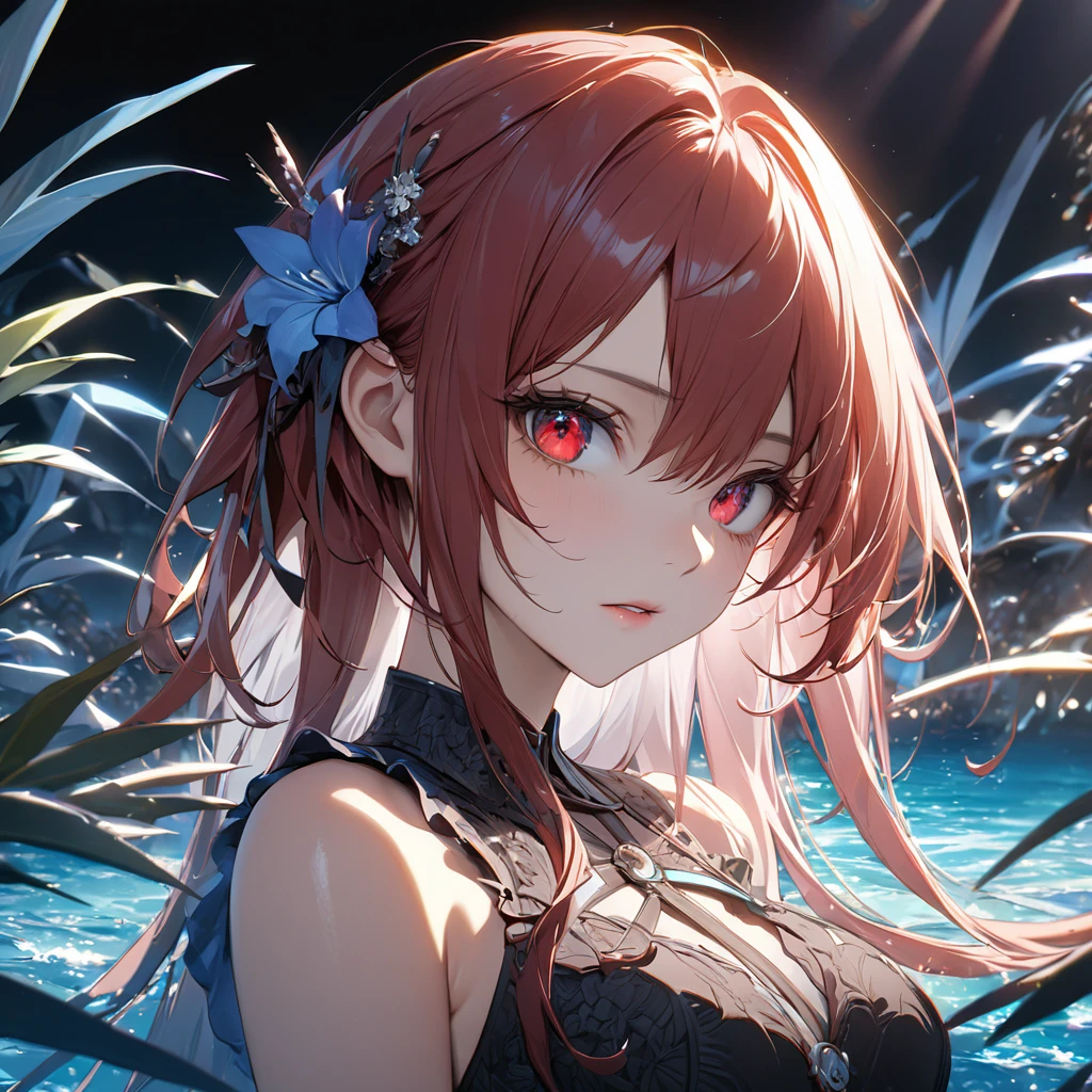 最high quality, wonderful_delicate, wonderful delicate eyes, Super detailed, beautiful, 8k , One girl, Red eyes, evil, Facial Contour,(Absurd, High resolution, Super detailed), masterpiece, The perfect solution, wonderfulディテール, Super Detailed, Ocean、深Ocean、darkness、Blue plants、Cinema Lighting, Ray Tracing, Depth of written boundary, Cinema Lighting, Ray Tracing, 超High resolution, Attention to detail, 最high quality, High resolution, high quality, Awards, Super Detail, masterpiece, 8k, 超High resolution, Attention to detail, 最high quality, High resolution, high quality, Awards, Super Detail, masterpiece, 8k, Digital Art, Anime Coloring