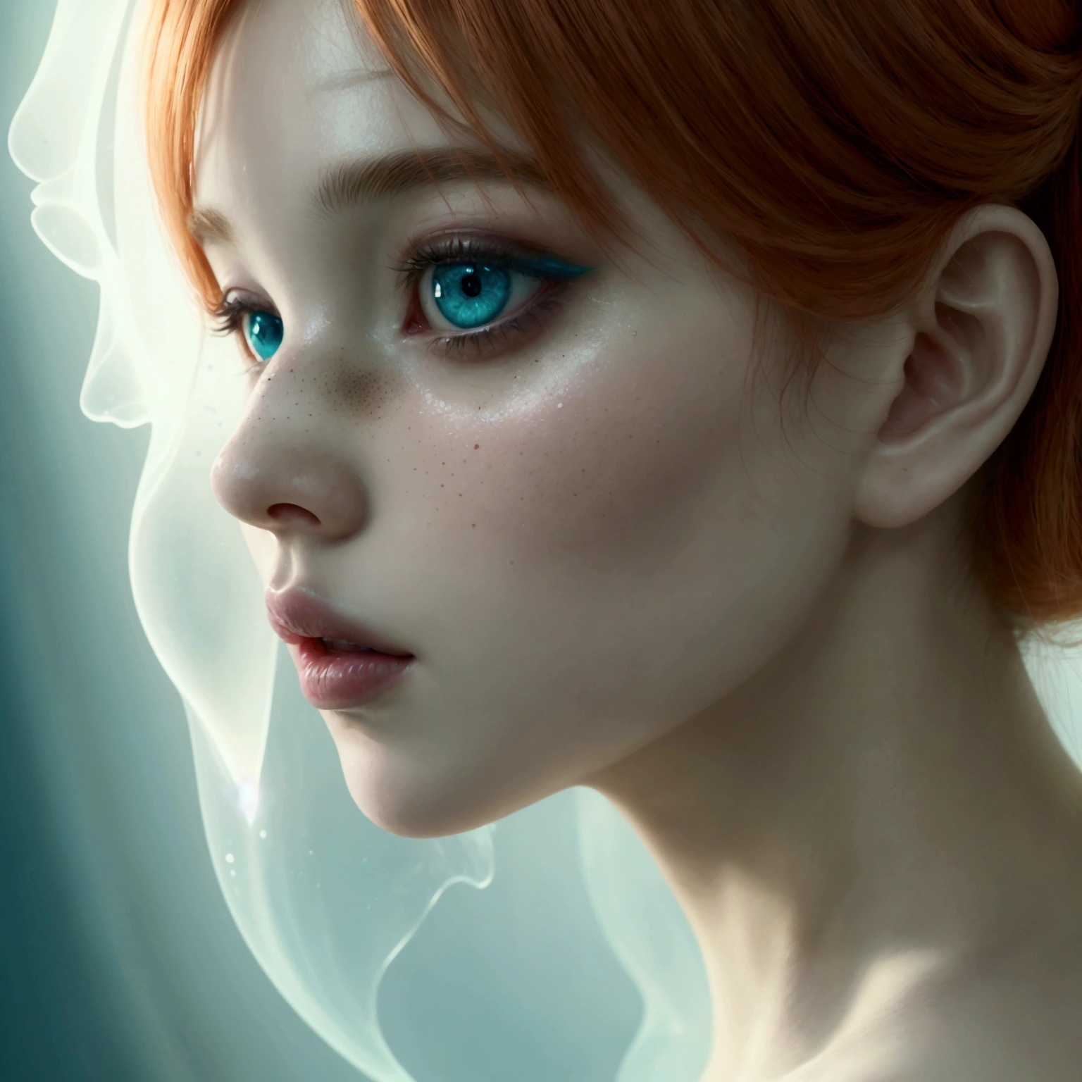 digital art of an ethereal, full body doll-like miniature fantasy sci-fi design, ginger-haired nude, with a highly stylized appearance. The character has large, expressive teal iridescent eyes with intricate reflections, surrounded by dark, smoky makeup that accentuates their gaze. The face is pale with a smooth complexion, adorned with numerous small, dark freckles scattered across the cheeks, nose, and forehead, creating a unique and enchanting texture. The lips are full and slightly parted, colored in a muted pale almond hue, adding to the enigmatic look.