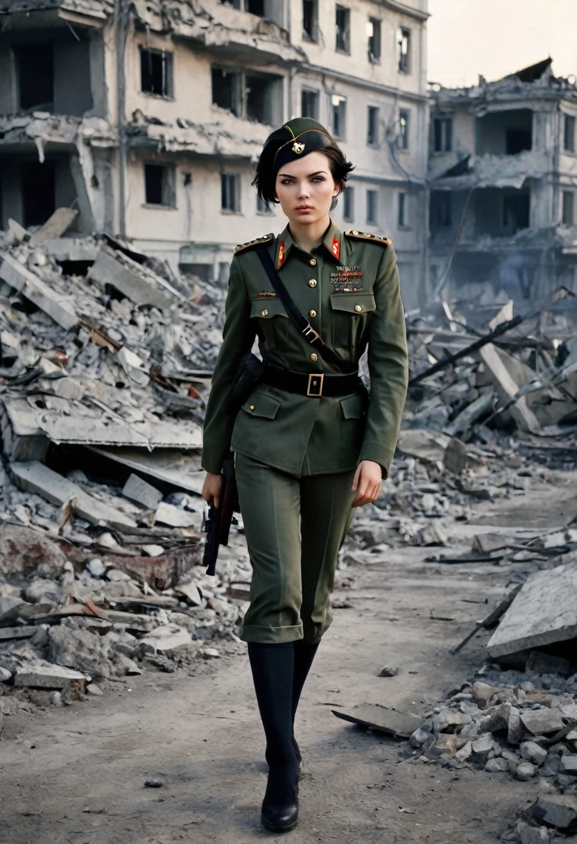 ww2 era, russian female sniper walks between rubble and destruction, nigth, dark , she looks dirty, black very short hair, russian uniform,