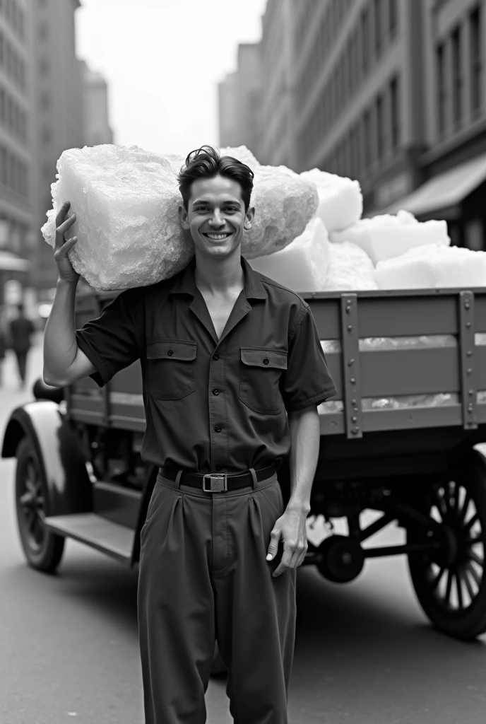 Create a black-and-white photograph from the 1930s depicting a hardworking ice deliveryman. The man, wearing a dark work shirt and trousers, is smiling warmly while carrying a large block of ice on his shoulder. His hair is neatly combed back, and he stands confidently next to an old-fashioned delivery truck loaded with several large, clear blocks of ice. The setting is an urban street, with the background slightly out of focus, highlighting the man and his task. The overall atmosphere should evoke a sense of nostalgia, capturing a slice of life from an era before modern refrigeration, when ice delivery was a vital part of daily life.