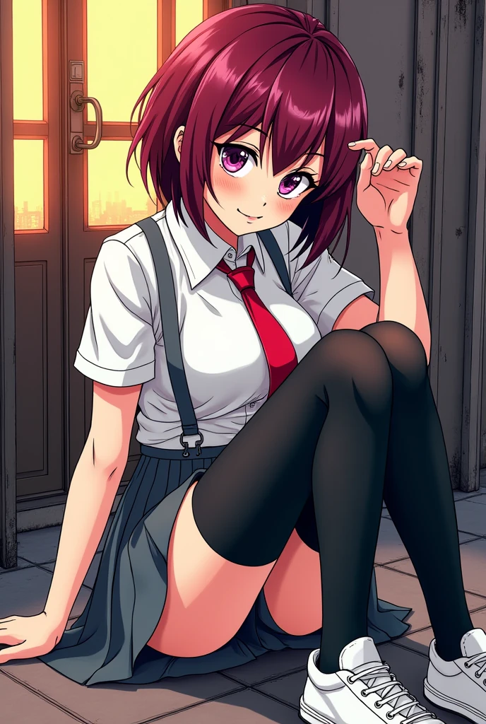 Make a girl in comic book style "Tokyo revengers", she has a face with fine features, short shoulder length hair, the hair color is a dark red, her eyes have lilac pupils, she is wearing a white dress shirt with a red tie, a gray schoolgirl skirt, a black thigh-high stocking, a pair of white sneakers. She has a small smile on her face